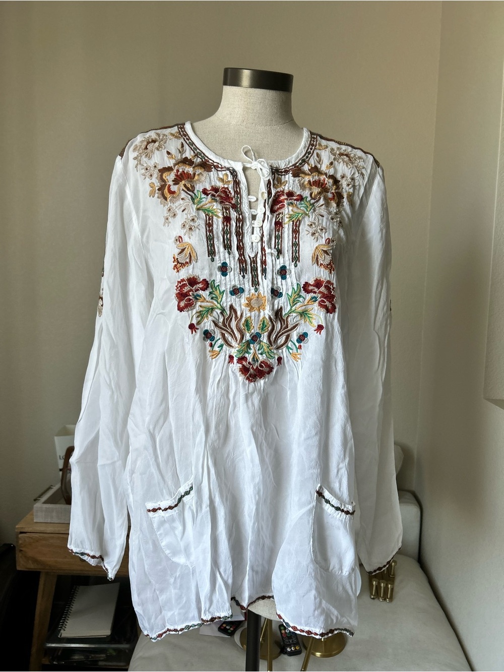 Johnny Was White Tunic with Multicolor Floral Embroidery